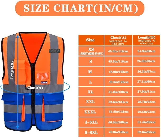 A-SAFETY High Visibility Reflective Vest, Mic Tabs, Zipper, Orange/Blue, M | Orange/Blue M work vest with reinforced pockets, black front zipper and clear ID holder for utility maintenance; unisex.