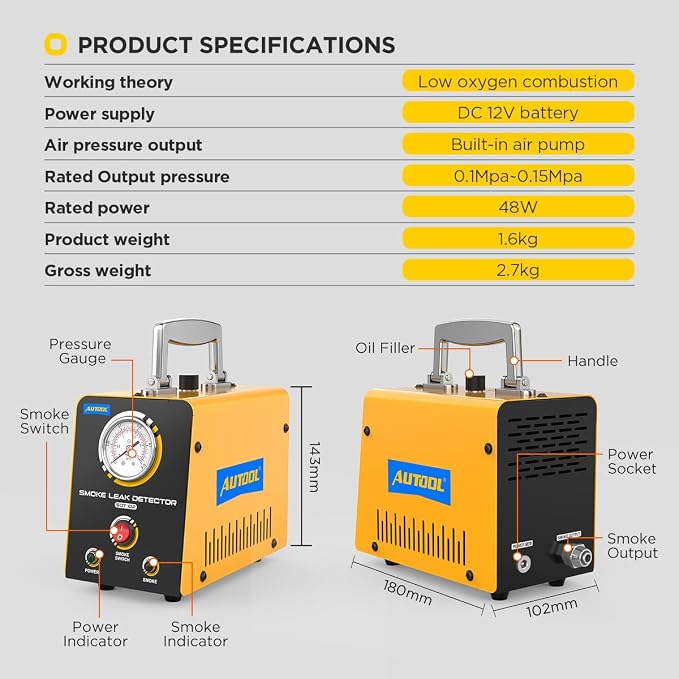 Automotive Smoke Machine EVAP Leak Detector Vacuum Leak Tester 12V Car Fuel Pipe System Leakage Locator Built-in Air Compressor Motor with Pressure Gauge for Car, Motorcycle, Truck, Boats and More