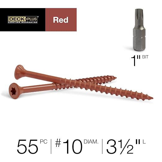 Deck Plus 3-1/2 Inch Epoxy Coated Exterior Wood and Fence Screws #10 x 3-1/2" Torx/Star Drive Included Coarse Thread, Outdoor Rust Resistant Decking Screw, Red, 1lb Box, 55 Pieces | 48435