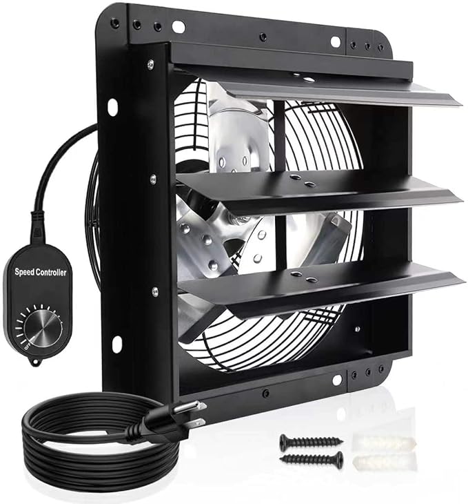 12 inch Shutter Exhaust Fan Louvered Exhaust Fan w/Speed Controller Attic Vent Fan for Chicken Coops, Greenhouse, Gable, Barn, Garage, Shed Ventilator 970 CFM 1700RPM