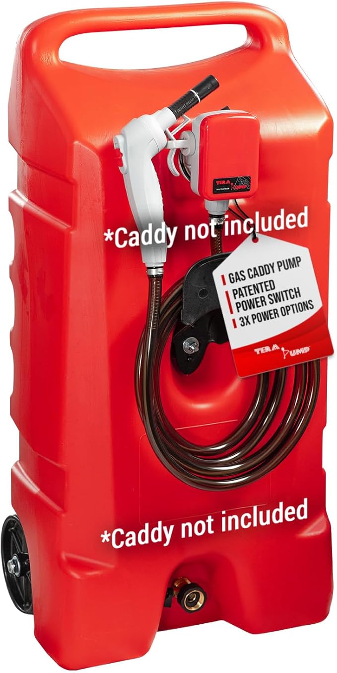 TERA PUMP Next Gen Automatic Gas Caddy Fuel Transfer Pump (Caddy Not Incl.) | Auto-Stop Sensor for Overfill Protection, 2.6 GPM, 14-Gallon Gas Caddies, 3 Power Options, 9.8 ft Vinyl Hose