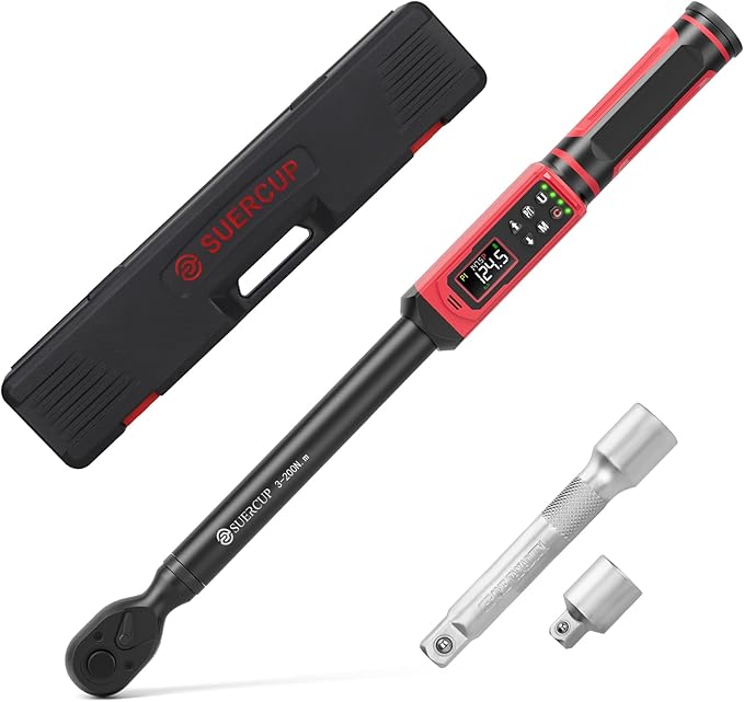 SUERCUP 1/2" Digital Torque Wrench, 2.2-147.5Ft.Lb/3-200N.m, ±1% Accuracy | Electronic Torque Wrench, Vibration, Buzzer, LED Flash,9 Presets & 5 Units for Engine/Suspension, Lug Nut, Car & Moto Repair