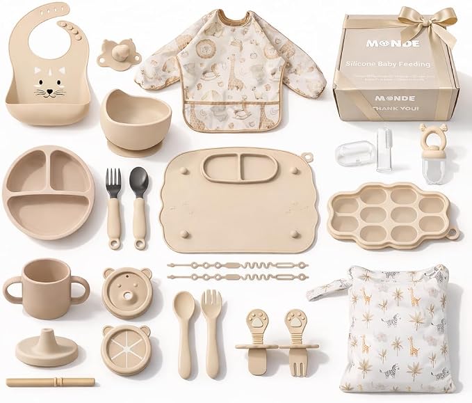 MONDE 25PCS Ultimate Silicone Baby Feeding Set, Complete Mealtime Baby-Led Weaning Essentials From Infant To Toddler, Bib, Smock, Sippy Cup, Dry Wet Bag, Placemat, Perfect Premium Gift Set (Beige)