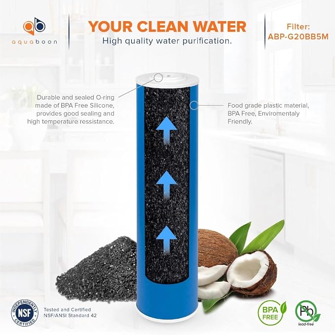 Aquaboon 5 Micron 20 x 4.5 Whole House Water Filter Replacement Cartridge Grabular Activated Carbon (GAG) for 1-Stage Water Filtration System 6 Pack