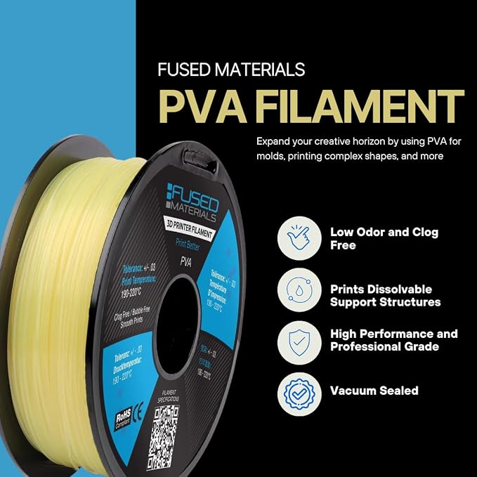 Fused Materials PVA Filament 2.85mm 0.5kg – Water-Soluble 3D Printer Filament – Compatible with Bambu Lab, Polymaker, Overture, and More – Works with PLA, PETG, Nylon, ABS – Clear & Transparent