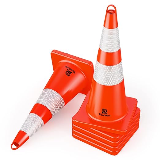RoadHero 6 Pack Traffic Cones 28 Inch Safety Cones with Reflective Collar Orange Cones with Handle PVC Heavy Duty Cones for Parking Lot, Driving Training
