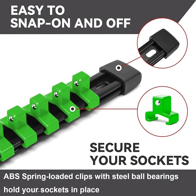 ALOANES 12PC Socket Organizer, Socket Rails Fit 1/2", 1/4" and 3/8" Drive | Portable Heavy Duty ABS Socket Holders Hold up 172 Sockets for Toolbox Drawer Bags(Green)
