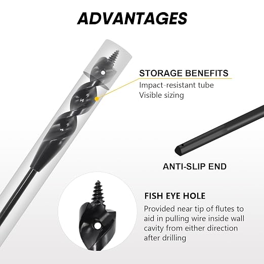 54" Flexible Installer Drill Bit for Pulling Wires in Walls, Ceilings, and Sidewalks, 9/16" Auger with Screw Point & Fish Eye, 3/16" 3-Flat Shank for Wood & Conduits, with Storage Tube