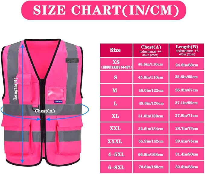 6XL 7XL 8XL Pink Safety Vest with pocket, Pink 6XL-8XL | Pink 6XL-8XL Polyester work vest with reinforced pockets, black front zipper and clear ID holder for women at work; unisex.