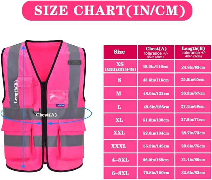 A-SAFETY Hi-Vis Reflective Vest with Radio Mic Loop, Front Zipper, Pink, M | Pink M Polyester work vest with 7 pockets, black front zipper and reflective strips for women at work and volunteer events.