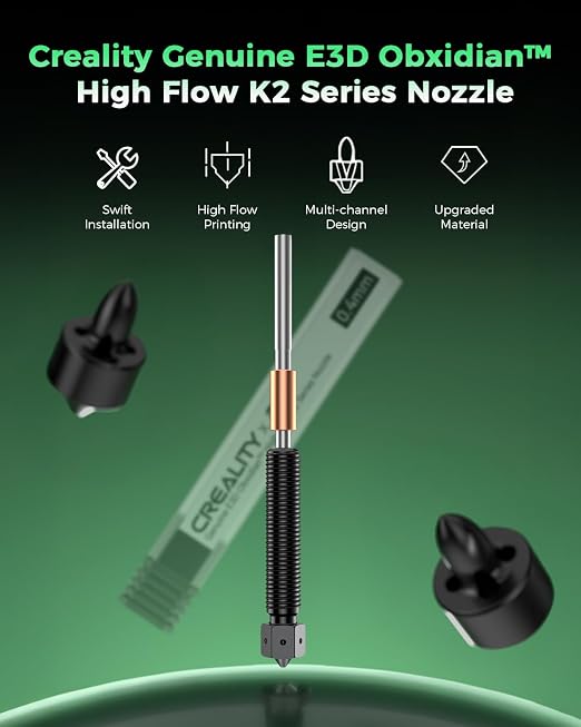 Creality Official K2 Plus Nozzle 0.4mm, E3D ObxidianTM High Flow Nozzle, Hardened Steel Nozzle with Multi-Channel Design, 600mm/s High-Speed Printing for Creality K2 Plus, K2 Pro, K2 3D Printer
