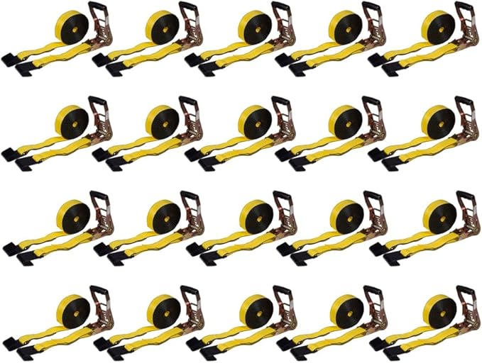 Mytee Products (20 Pack) Ratchet Tie-Down Straps with Flat Hooks, 2" x 30' Ratchet Straps Yellow for Flatbed, Truck, Trailers Pickup