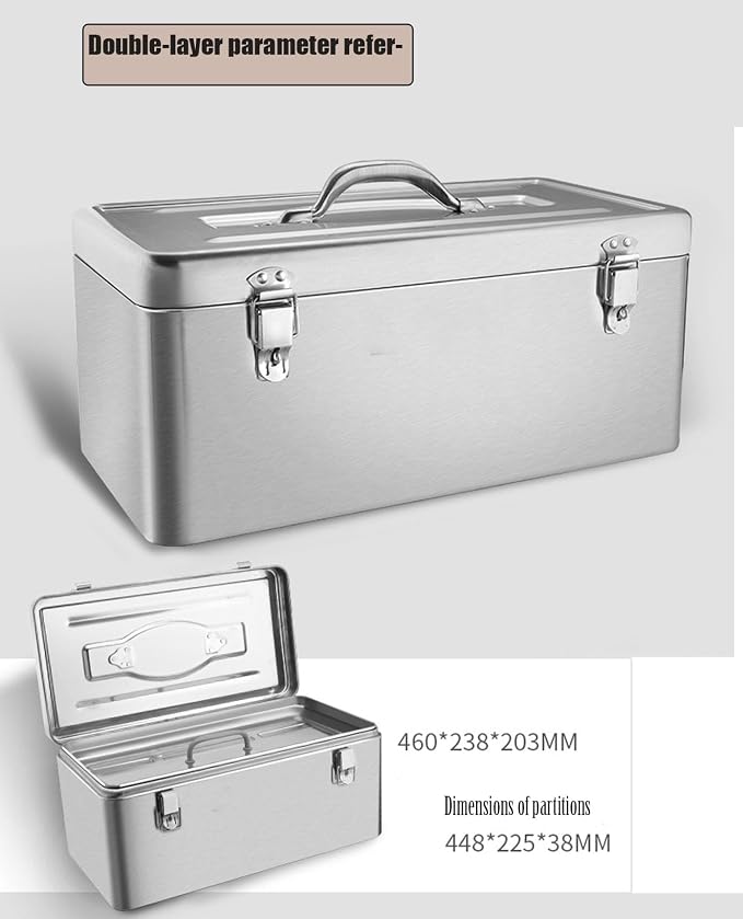 18" Metal ToolBox,Stainless Steel Tool Box,Heavy Duty Portable Tool Box,2 Layer with Carrying Handle metal locking latches make and Removable Tray,for Garage Workshop (Silver)