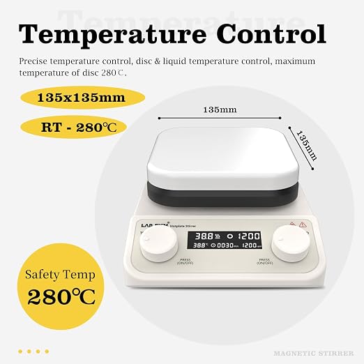 LAB FISH HS6C Magnetic Stirrer Hot Plate, 280℃ 200-1500RPM | 5.2 inch square ceramic hot plate, 3L, digital control, external temp probe, stand & stir bar for lab