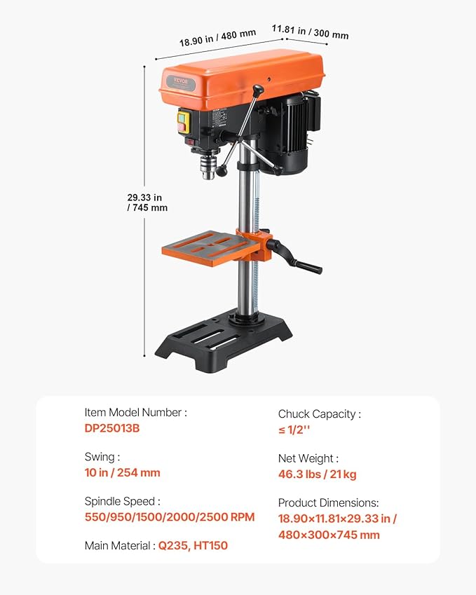VEVOR 10 in Benchtop Drill Press, 6.2A Induction Motor, Tabletop Drilling Machine with 610/940 / 1500/2150 / 2800 RPM Adjustable Speed, 0-45° Tilting Worktable, LED Work Light, for Wood Metal