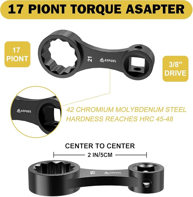 ANPUDS 17 Pcs Metric Torque Adapter Set, 8-22mm, 3/8" 12-Point Extension | 1/2''+1/4'' + Bit Adapter, Cr-Mo Steel, Torque Wrench Adapter, for Engine Bay, Brake, Suspension & Tight Access, Black