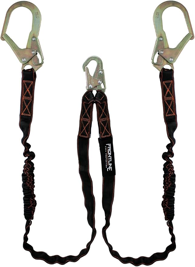 Frontline LIS62R Double Shock Absorbing 6' Lanyard | Twin Leg Lanyard 1 Snap Hook and 2 Rebar Hook Ends | ANSI & OSHA Compliant Fall Protection | 6000 lbs. Min. Breaking Strength