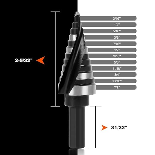 COMOWARE Step Drill Bit, 12 Sizes from 3/16" to 7/8", High Speed Steel Step Bit with 2 Spiral Flutes, 3-Flat Shank, Steps Bits for Metal, Aluminum/Wood/Plastic/Iron, Unibit for Electricians & DIY
