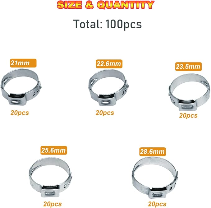 AKIHISA 100Pcs 5 sizes Single Ear Hose Clamps, 21-28.6 mm 304 Stainless Steel Pex Crimp Rings Kit, Crimp Hose Clamp Assortment Set for Securing Pipe Hoses and Automotive Use