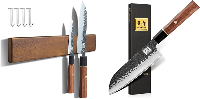 Knife Magnetic Strip 16 Inch + Japanese Santoku Knife 7 Inch, Acacia Wood Magnetic Knife Holder for Refrigerator, Wall Mount Magnet Knife Bar with 4 Hooks