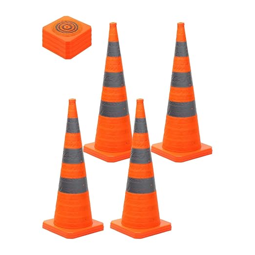PATIKIL 35.5" 4 Pack Collapsible Traffic Cones, Orange Safety Cones Cones with Reflective Collar Caution Cones for Parking Lot Driving Training Practice Emergency Roadside Barrier