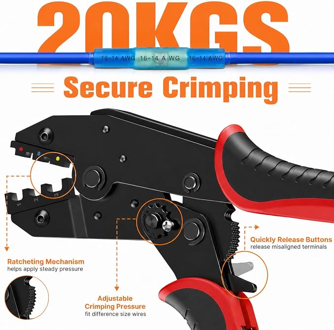 Kuject Crimping Tool Kit with 340 PCS Heat Shrink Connectors | AWG 22-10, Portable All-in-One Case, Ratchet Crimper, Self-Adjusting Wire Stripper , Butt, Ring, Female & Male Connectors