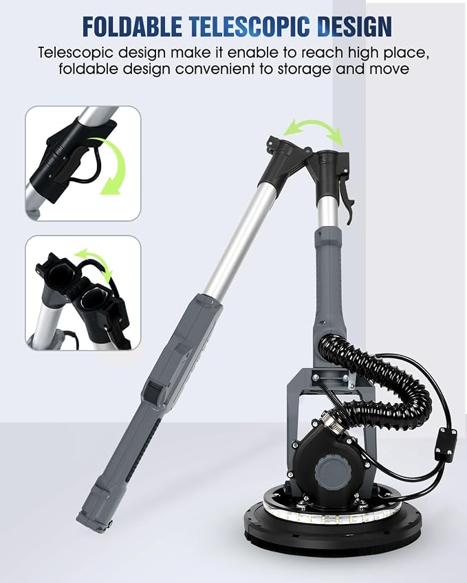 MYTOL Drywall Sander, 7.2A Electric Drywall Sander with Vacuum Dust Collection, 6 Variable Speed 900-1800RPM, LED Light, Foldable & Extendable Handle, 9 Pcs Sandpaper&3 Pcs Grid Sandpaper, Full Green