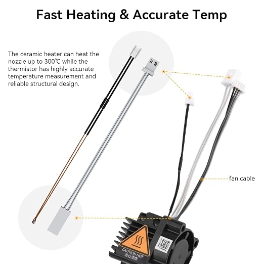 Bamboo Lab X1 Carbon, X1, X1C Hotend Complete Kit for X1 Series 3D Printer, Full Assembly Hardened Steel Hot End with Fan, Thermistor, Ceramic Heater, 0.4mm Nozzle, Extruder Heating Block Replacement