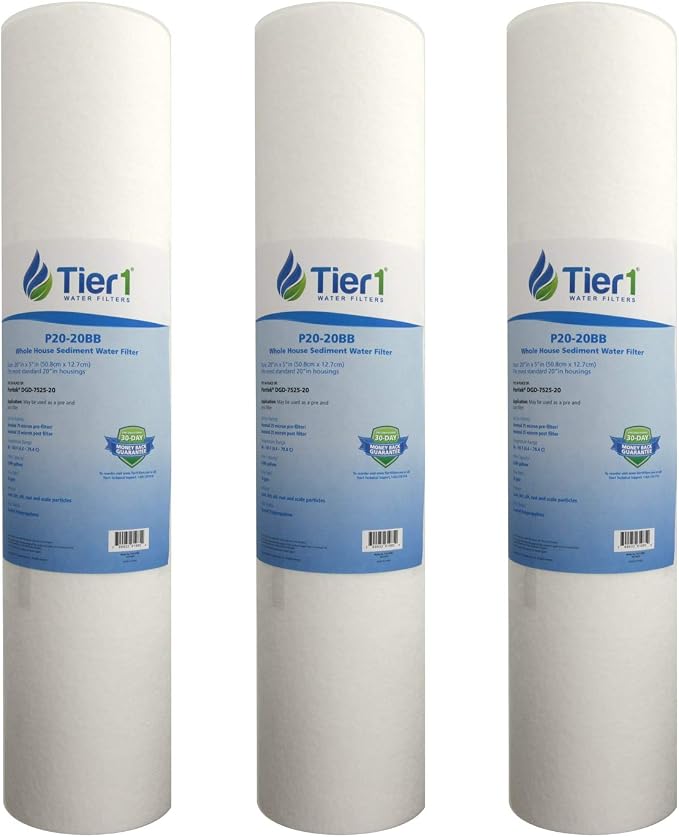Tier1 20 Micron 20x4.5 Water Filter | Spun Wound Polypropylene Whole House Water Pre-Filter Cartridge | Replacement for Pentek DGD-7525-20,155356-43, P20-20BB | 4.5 x 20 Sediment Water Filter (3-Pack)