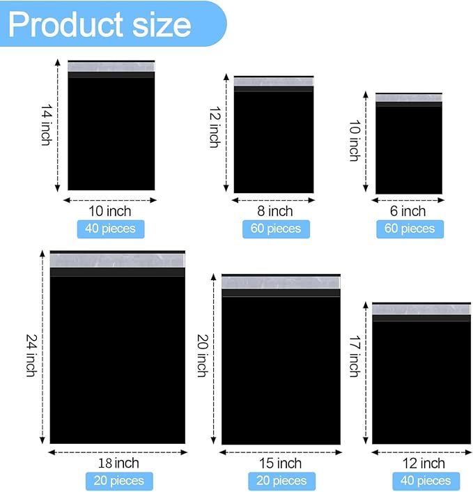 Outus 240 Pcs Poly Mailers Variety Size Pack Mailing Shipping Bags Assorted Sizes Shipping Envelopes Self Adhesive Waterproof and Tear Proof Packaging Bags for Clothing Book Gift(Black,6 Sizes)