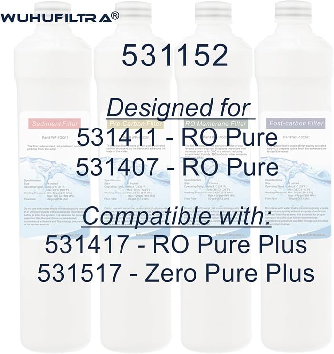 Push Botton Replacement Filter Set with RO Membrane Compatible with Watts Premier RO Pure Quick Push Replacement Filter Kit - Pack of 4