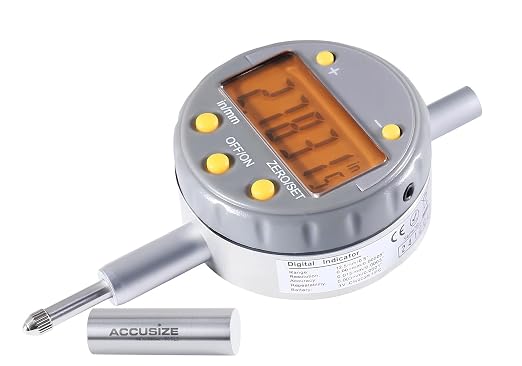 Accusize Industrial Tools 0-1/2'' by 0.00005'' Electronic Digital Indicator with Yellow LCD, 611H-1348Y | Inch/Metric Conversion, +/-0.015 mm Accuracy, 3/8 in Stem, 4-48 UNF, Data Output, Plastic Case, 611H-1348Y