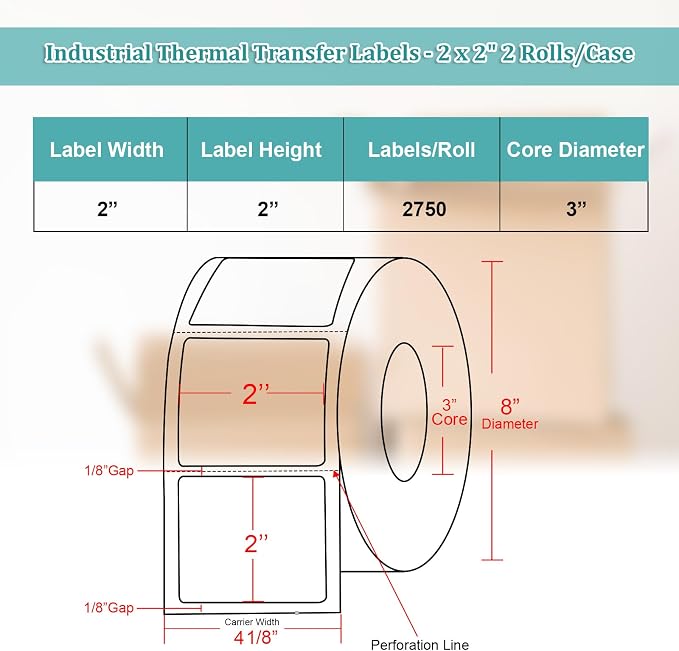 Industrial Thermal Transfer Labels 2x2 for Barcode Shipping, Ribbon Required, 3 Inch Core, 2 Rolls/Case 2750 per Roll, Perforated, Compatible with Thermal Transfer Printers