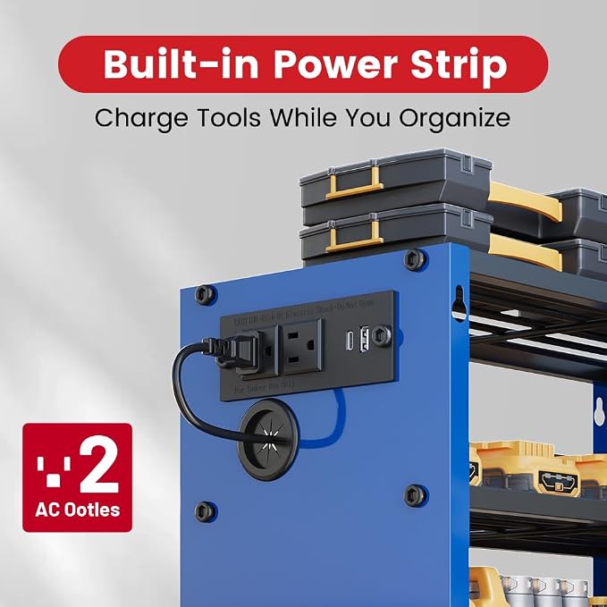 4-Tier Power Tool Organizer, Built-in 2-Outlet Charging Station for Small Garages,400lb Capacity 12mm Steel Drill Holder & Battery Storage for DIY Workshops (4 Slots with 2 Outlets Power Strip)