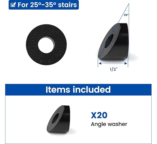 Muzata 20 Pack 1/4" ID Black Cable Railing Angle Washer 25 30 35 Degrees T316 Stainless Steel Black Angle Beveled Washer for 1/8" 5/32" 3/16" Cable Railing Hardware Kit CR25