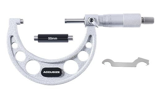 Accusize Industrial Tools Outside Micrometer, 50-75mm, EG00-0075 | 50-75mm, Ultra-Precision, Carbide Tipped, M-Type, Resolution 0.01mm, Ratchet Friction Thimble, Solid Storage Case