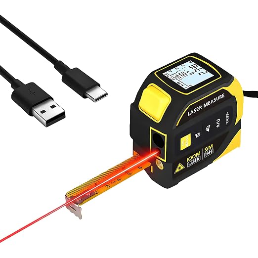 4-in-1 Digital Laser Tape Measure, 16FT Tape, 328FT Distance Meter | 33FT cross-line laser, area, volume and ceiling height for room measurements, flooring, furniture layout and home remodeling