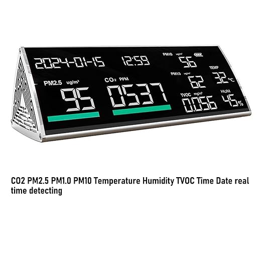 Air Quality Tester, Indoor Air Quality Monitor, Intuitive & Clear Display, PM2.5 PM1.0 PM10 Temperature Humidity CO2 TVOC Time Date Display for Home Hotel School