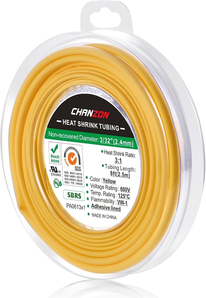 Chanzon 3:1 Ratio 3/32" (2.4mm) Heat Shrink Tubing - Marine Grade Waterproof Adhesive Lined - 8Ft Roll (2.5M Total Length) Yellow Polyolefin Sleeving Wrap Shrinking 3 to 1 Ratio 1pcs