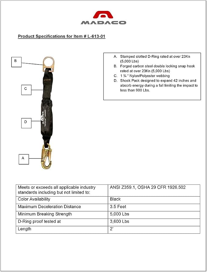 Madaco Roof Construction Fall Protection Heavy Duty Industrial Safety Internal Shock Absorbing Pack 2FT Snap Hook Lanyard ANSI OSHA L-613-01