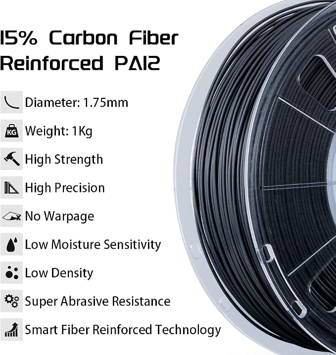 R QIDI TECHNOLOGY PA12-CF Nylon Filament 1.75 Black, Carbon Fiber Nylon Filament 1.75mm 1Kg Spool 3D Printer Filament, High Strength, High Precision, No Warpage, Low Moisture Sensitivity