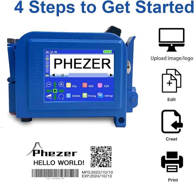 Phezer Upgraded Mini Inkjet Printer for Flat and Curved Surface PC11 Plus, 25 Languages & Quick-Drying Ink Cartridge, Portable Pocket Marking Device for Date Time Barcode Logo Qrcode Batch Number