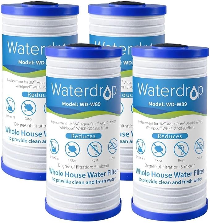 Waterdrop AP810 Whole House Water Filter, Replacement for 3M® Aqua-Pure® AP810, AP801, AP811, Whirlpool® WHKF-GD25BB, WHKF-DWHBB, 5 Micron, 10" x 4.5", Well & Tap Water Filter, Pack of 4