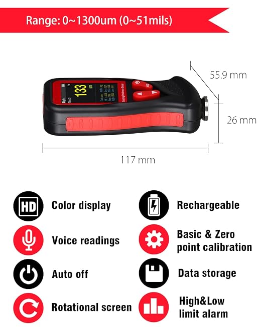 Wintact Car Paint Coating Thickness Gauge Rechargeable, Digital Mil Thickness Meter, Paint Depth Tester for Checker Automotive Original Coating
