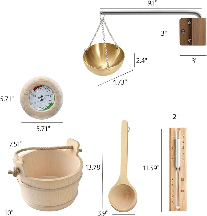 Sauna Bucket and Ladle Set, Handmade from Pine Wood - Core Set (Bucket & Ladle, Thermometer & Hygrometer, Sand Timer, Aromatherapy Bowl Oil Cup) (Pine)