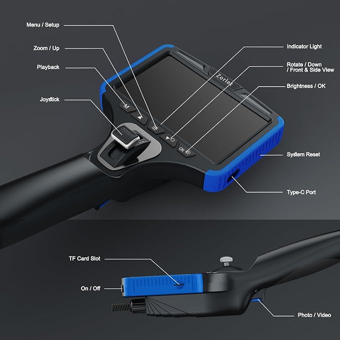 Two-Way Articulating Borescope Camera with Light, Industrial Endoscope Inspection Camera with 0.25 in Slim Articulated Probe, Waterproof Snake Scope for Mechanics & Engine Inspection - 5FT