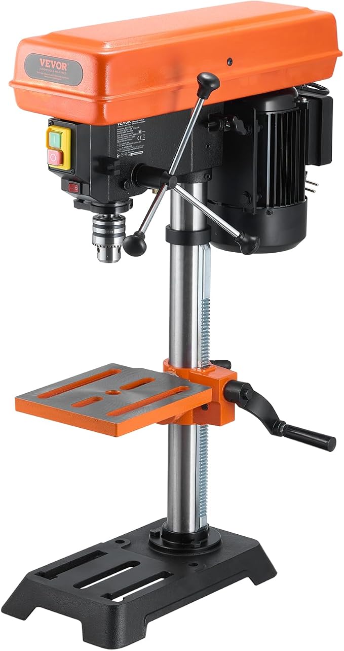 VEVOR 10 in Benchtop Drill Press, 6.2A Induction Motor, Tabletop Drilling Machine with 610/940 / 1500/2150 / 2800 RPM Adjustable Speed, 0-45° Tilting Worktable, LED Work Light, for Wood Metal