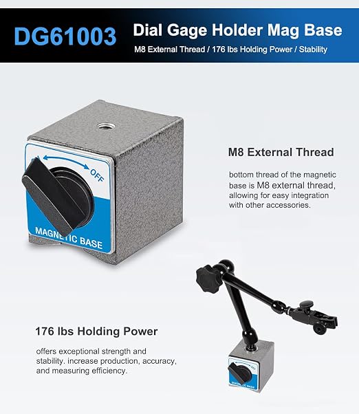 DG61003 Replacement Dial Indicator Magnetic Base Stand, Heavy Duty Magnetic Indicator Holder with Metal Fine Adjustment | Universal Holder for Dial & Test Indicators, 176 lb Magnetic Base, Articulating Arm for CNC Machining Inspection
