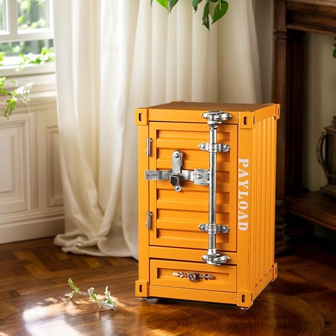 Industrial Shipping Container Nightstand - 20 Inch 3-Tier Iron Bedside Table with Drawer, Handcrafted Rustic Distressed Metal End Table for Bedroom, Bar, Garage (Yellow)