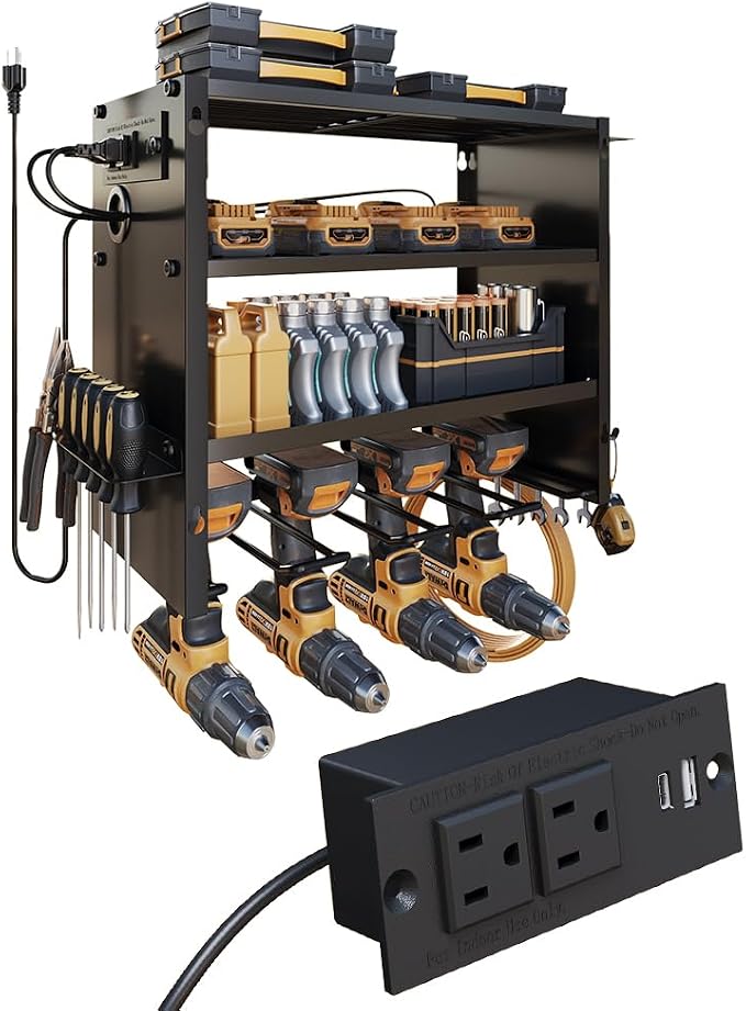 4-Tier Power Tool Organizer, Built-in 2-Outlet Charging Station for Small Garages,400lb Capacity 12mm Steel Drill Holder & Battery Storage for DIY Workshops (4 Slots with 2 Outlets Power Strip)